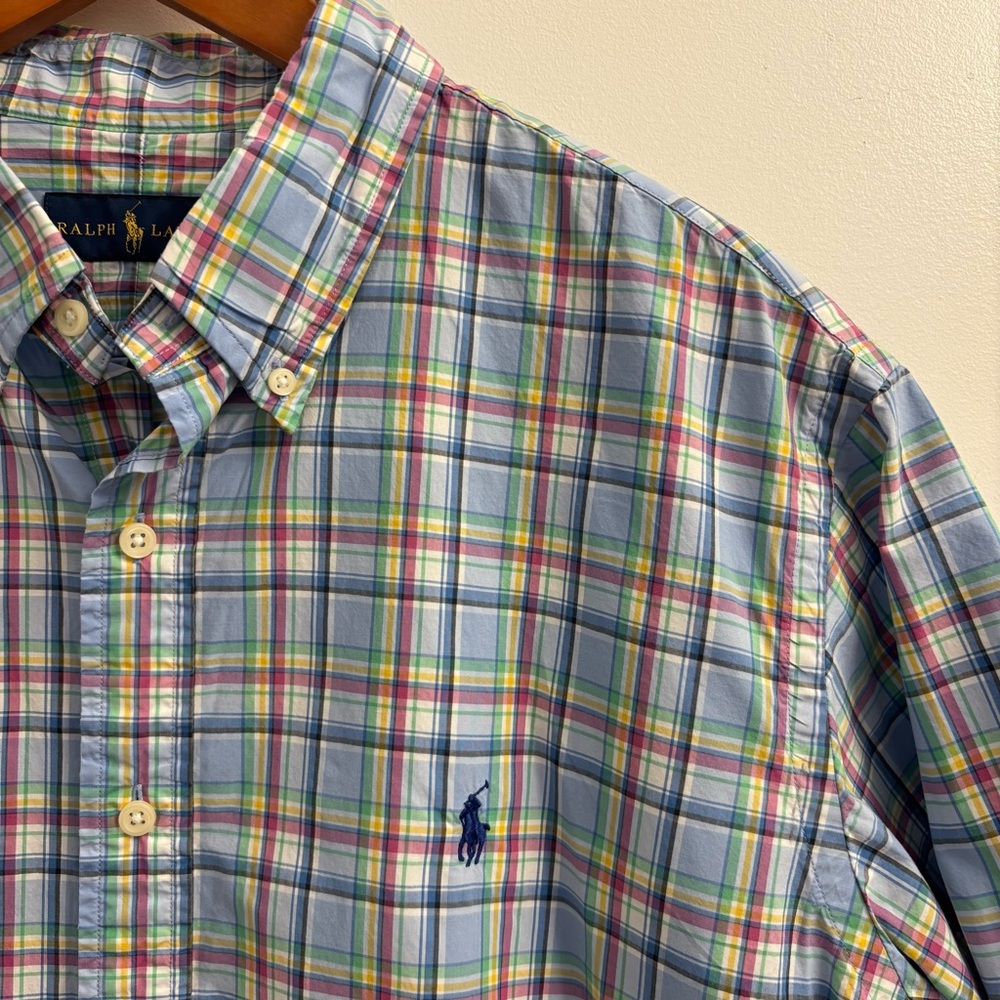 Ralph Lauren Mens Blue Plaid Shirt XL Button Down Short Sleeve Pony Logo‎ Preppy